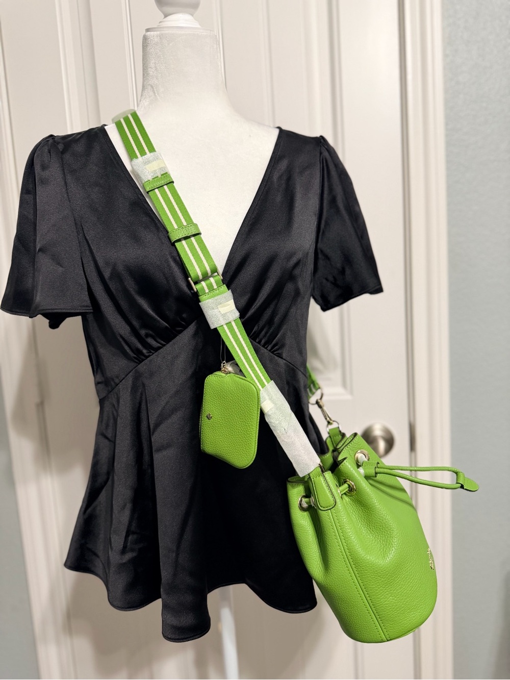 Kate Spade Rosie Mini Bucket Lime Green Pebbled Leather on Guitar Strap